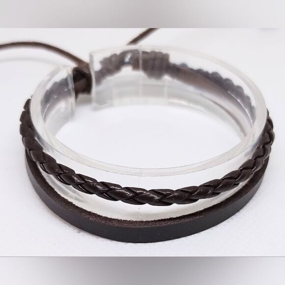 Men's bracelet leather braided layered brown new e99 - Picture 1 of 1